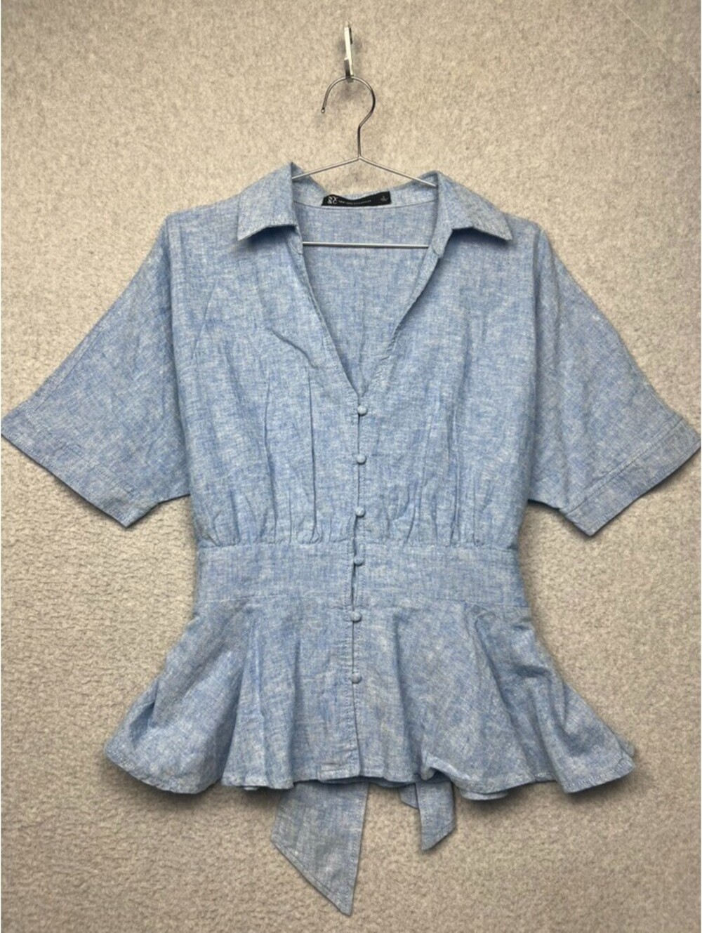 NY&C Blue Linen Chambray Peplum Top L Coastal Grandmother Euro Summer Fit Flare